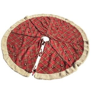 Red Plaid Christmas Tree Skirt Cozy Sherpa Trim Ties Closed